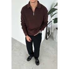 Kahverengi Yarım Fermuarlı Relaxed Triko Kazak