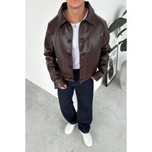 Kahverengi Ters Dikiş Crop Kesim Premium Deri Ceket