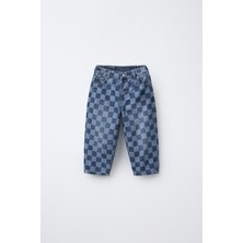 Magu Erkek Çocuk Kare Desenli Mavi Denim Pantolon