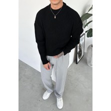 Siyah Bisiklet Yaka Fitilli Oversize Triko Kazak