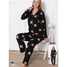 Süet Kumaş Uzun Kollu Ayıcık Desenli Kadın Pijama Takım