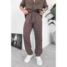 Kahverengi Müslin Flower Kabartma Detay Baggy Pantolon