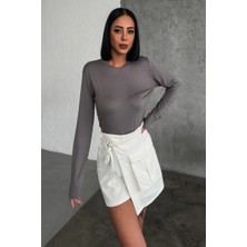 Starseven Rahat ve Şık Uzun Kollu Bisiklet Yaka Likralı Viskon Penye Body Füme