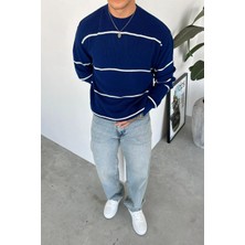 Lacivert Çizgili Relaxed Triko Kazak