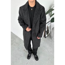 Siyah Premium Basic Çizgili Kaşe Kaban