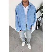 Bebe Mavi Fitilli Kadife Relaxed Gömlek