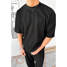 Siyah Ince Fitilli Oversize Tişört