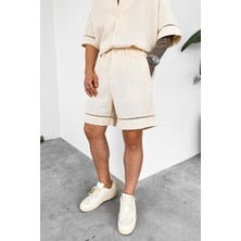 Bej Hasır Şerit Detay Premium Relaxed Şort