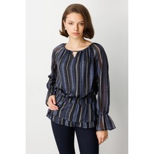 Ekol Beli Büzgülü Desenli Şifon Bluz