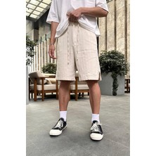 Krem Çizgi Doku Detaylı 10 Keten Go Relaxed Fit Şort
