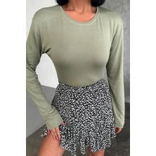 Starseven Rahat ve Şık Uzun Kollu Bisiklet Yaka Likralı Viskon Penye Body Haki