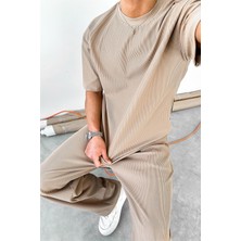 Kahverengi Ince Fitilli Oversize Tişört