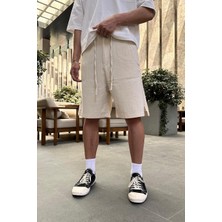 Krem Desenli Dokulu 12 Keten Go Relaxed Fit Şort