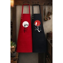 Hulganz Mutfak Önlüğü Seti 2'li Kırmızı - Siyah Leke Tutmaz Su Itici Kumaş Solmaz Baskı Güneş Doğa Kuş Desenli Çift Önlük Şef Bulaşık Aşçı Çeyiz Hediye