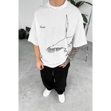 Beyaz Kuş Nakışlı Oversize Tişört