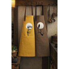 Hulganz Mutfak Önlüğü Seti 2'li Sarı-Kahverengi Leke Tutmaz Su Itici Kumaş Solmaz Baskı Güneş Doğa Kuş Desenli Çift Önlük Şef Bulaşık Aşçı Çeyiz Hediye