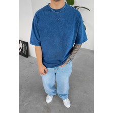 Lacivert Acid Wash Nakışlı Oversize Tişört