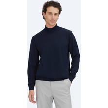 Kip Lacivert Yarım Balıkçı Yaka Düz Örgü Yün Karışımlı Triko Kazak