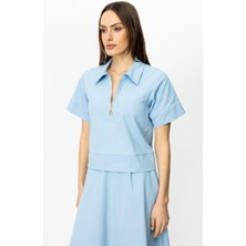 On Fashion Önü Fermuarlı Kısa Kol Polo Yaka Bluz