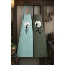 Hulganz Mutfak Önlüğü Seti 2'li Suyeşili-Yosun Leke Tutmaz Su Itici Kumaş Solmaz Baskı Güneş Doğa Kuş Desenli Çift Önlük Şef Bulaşık Aşçı Çeyiz Hediye