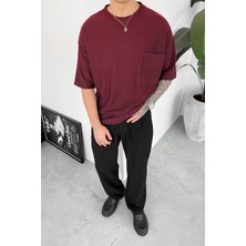 Bordo Örme Cep Detay Oversize Tişört