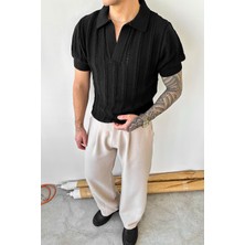 Siyah Striped Knitwear Relaxed Triko Polo Yaka Tişört