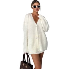 Kechi Woman Kadın Şardonlu Uzun Beyaz Triko Hırka