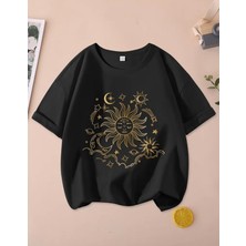 Kids Face Özel Tasarım Gold Güneş Ay Gezegenler Baskılı %100 Pamuk Kız Çocuk T-Shırt