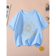 Kids Face Özel Tasarım Gold Güneş Ay Gezegenler Baskılı %100 Pamuk Kız Çocuk T-Shırt