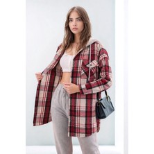 Mamayaga Kadın Desen Bloklu Oduncu Oversize Geniş Kalıp Casual Cepli Kapüşonlu Uzun Boy Ceket Gömlek
