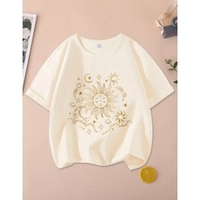 Kids Face Özel Tasarım Gold Güneş Ay Gezegenler Baskılı %100 Pamuk Kız Çocuk T-Shırt
