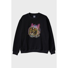 Nuugg Astrocat Renkli Astronot Kedi Baskılı Siyah Bisiklet Yaka Sweatshirt