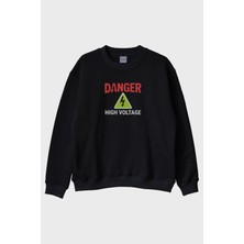 Nuugg Danger Temalı Yüksek Gerilim Tasarımlı Siyah Bisiklet Yaka Sweatshirt