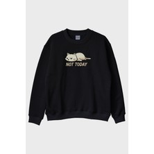 Nuugg Yorgun Kedi Mizahi Not Today Siyah Bisiklet Yaka Sweatshirt