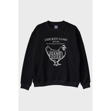 Nuugg Chicken Game Tavuk Tasarımlı Baskılı Siyah Bisiklet Yaka Sweatshirt