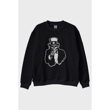 Nuugg Şapkalı Iskelet Baskılı Siyah Bisiklet Yaka Sweatshirt