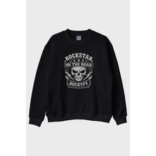 Nuugg Rockstar On The Road Kafatası Baskılı Siyah Bisiklet Yaka Sweatshirt