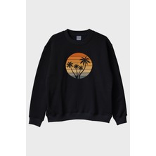 Nuugg Tropik Gün Batımı Palmiye Baskılı Siyah Bisiklet Yaka Sweatshirt