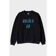 Nuugg Boldly Go Baskılı Uzay Temalı Siyah Bisiklet Yaka Sweatshirt