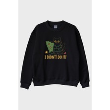 Nuugg Suçlu Kedi Siyah Bisiklet Yaka Sweatshirt