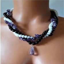 Asteria Elite Ametist Beyaz Akik Oniks 3 Sıralı Nazardan Korunma , Huzur ve Güç Kolyesi