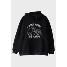 Nuugg Don't Hurry Be Happy Baskılı Tembellik ve Kaplumbağa Siyah Hoodie
