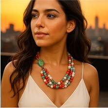 Asteria Elite Dumanlı Akik Turuncu Akik Yeşil Akik 3 Sıralı Kolye