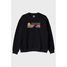 Nuugg California Retro Dalga Baskılı Tasarım Siyah Bisiklet Yaka Sweatshirt