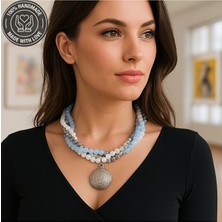 Asteria Elite Buz Mavisi Akik Beyaz Aikik Kristal 3 Sıralı Kolye