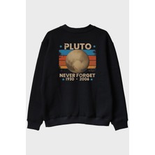 Nuugg Pluto 'never Forget' Vintage Baskılı Siyah Bisiklet Yaka Sweatshirt