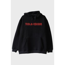 Nuugg Tesla/edıson Yıldırım Baskılı Gotik Tasarım Siyah Hoodie