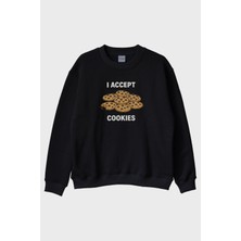 Nuugg I Accept Cookies Baskılı Mizahi Siyah Bisiklet Yaka Sweatshirt