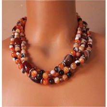 Asteria Elite Premium Serisi Turuncu Kahverengi Akik 3 Sıralı Nazar Koruması Stres Azaltma Bereket Kolyesi