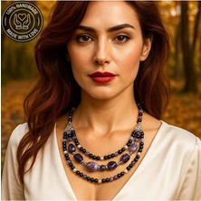 Asteria Elite Ametist Oniks 3 Sıralı Özel Tasarım Depresyon Azaltma ve Nazar Koruması Kolyesi